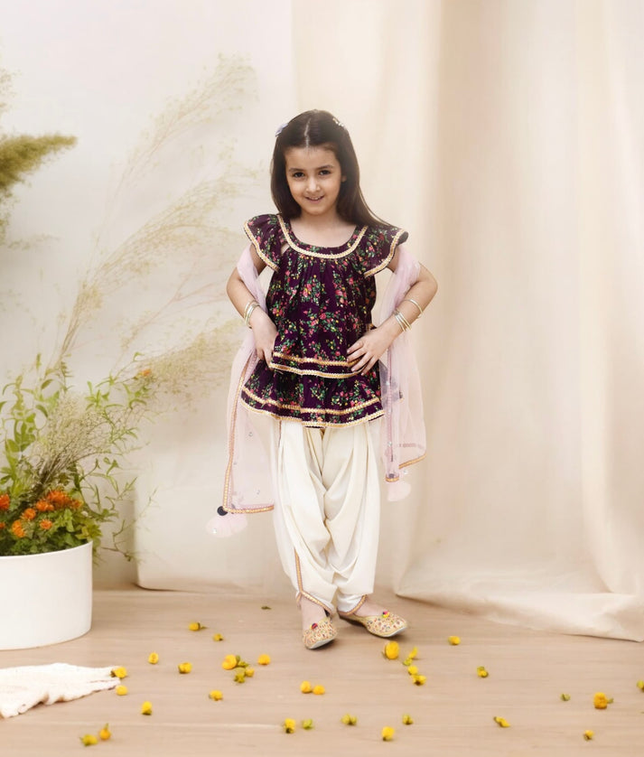 Manufactured by FAYON KIDS (Noida, U.P) Purple Printed Peplum Top with Dhoti