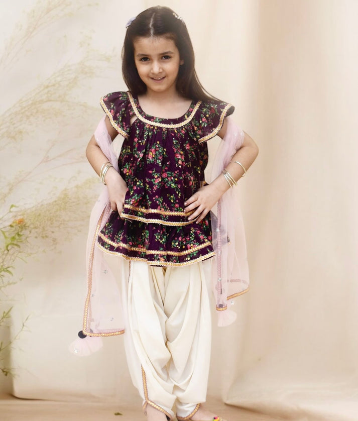 Manufactured by FAYON KIDS (Noida, U.P) Purple Printed Peplum Top with Dhoti