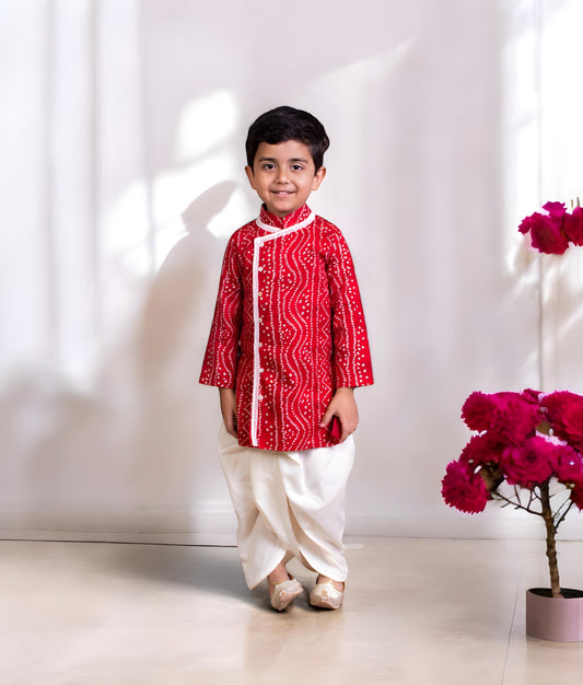 Manufactured by FAYON KIDS (Noida, U.P) Red Bhandhej Kurta with Dhoti