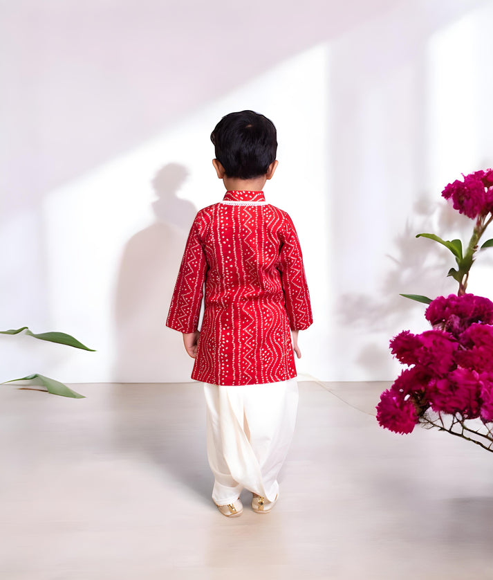 Manufactured by FAYON KIDS (Noida, U.P) Red Bhandhej Kurta with Dhoti