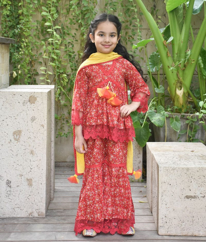 Red Printed Sharara Set