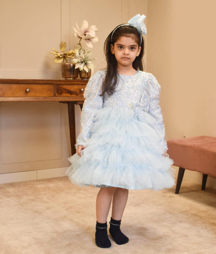 Starry Skies: Blue Embroidered Net Frock for Girls