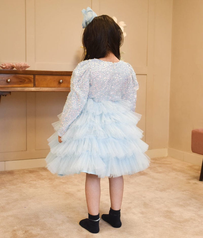 Starry Skies: Blue Embroidered Net Frock for Girls