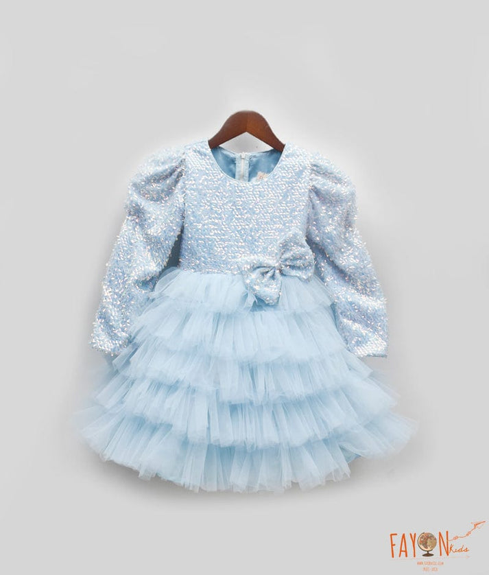 Starry Skies: Blue Embroidered Net Frock for Girls