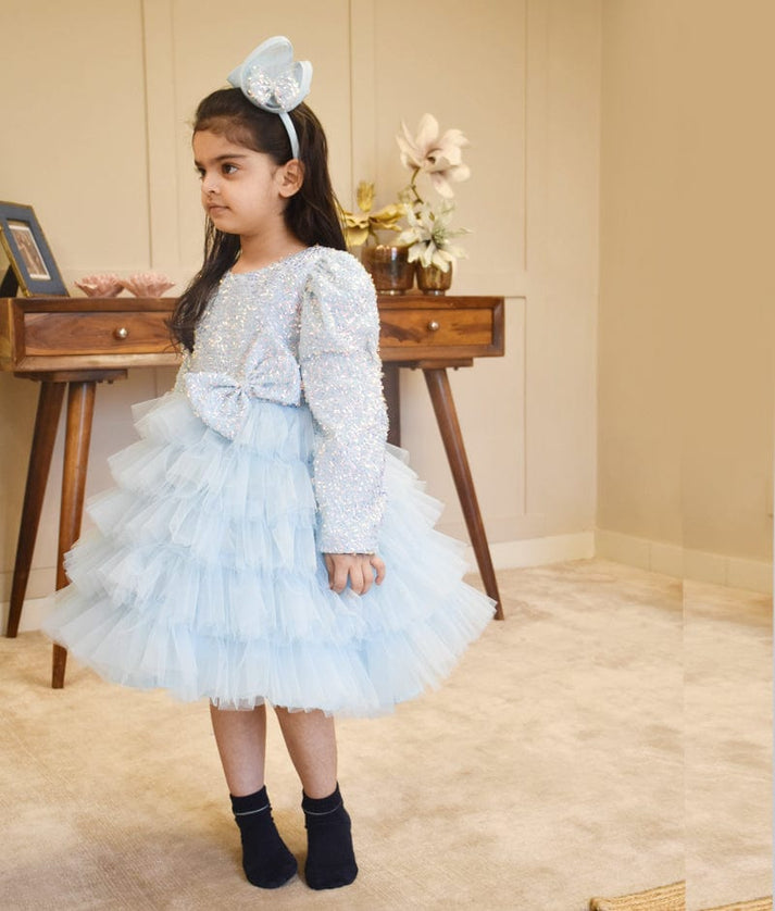 Starry Skies: Blue Embroidered Net Frock for Girls