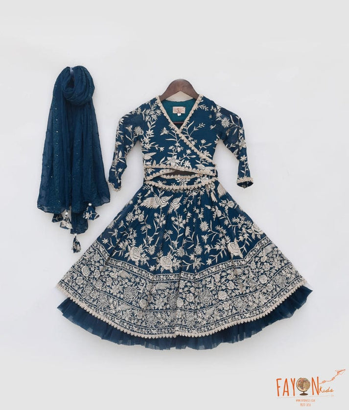 Manufactured by FAYON KIDS (Noida, U.P) Teal Blue Parsi work Lehenga Choli for Girls