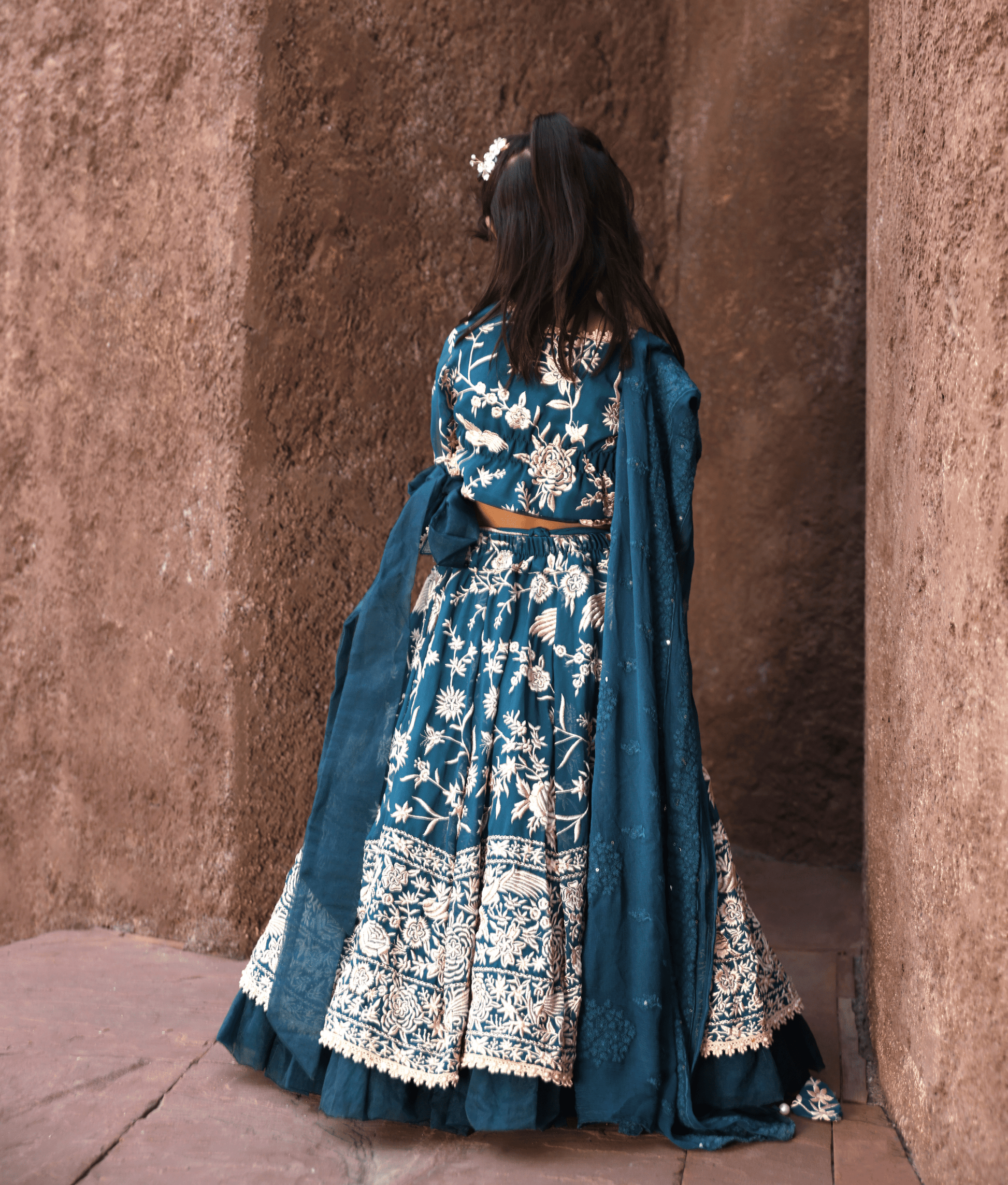 Manufactured by FAYON KIDS (Noida, U.P) Teal Blue Parsi work Lehenga Choli for Girls