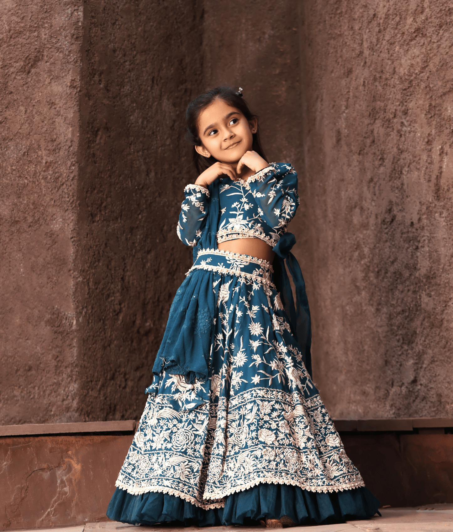 Manufactured by FAYON KIDS (Noida, U.P) Teal Blue Parsi work Lehenga Choli for Girls