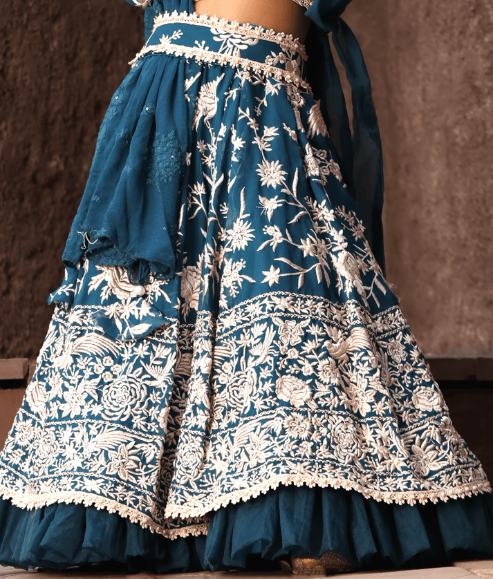 Manufactured by FAYON KIDS (Noida, U.P) Teal Blue Parsi work Lehenga Choli for Girls