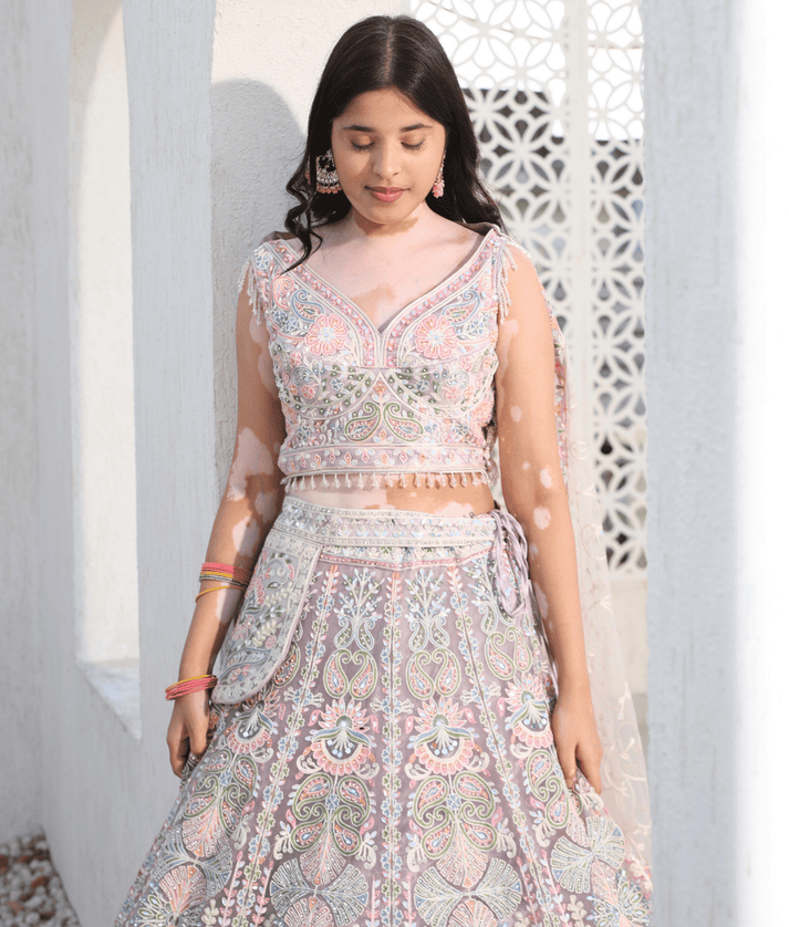 Manufactured by FAYON KIDS (Noida, U.P) Whimsical Lilac: Embroidered Lehenga Set