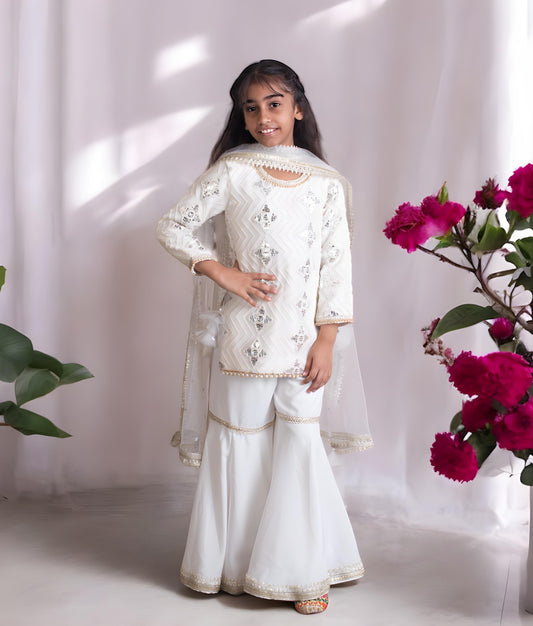 Manufactured by FAYON KIDS (Noida, U.P) White Gota Embroidered Kurti with Sharara