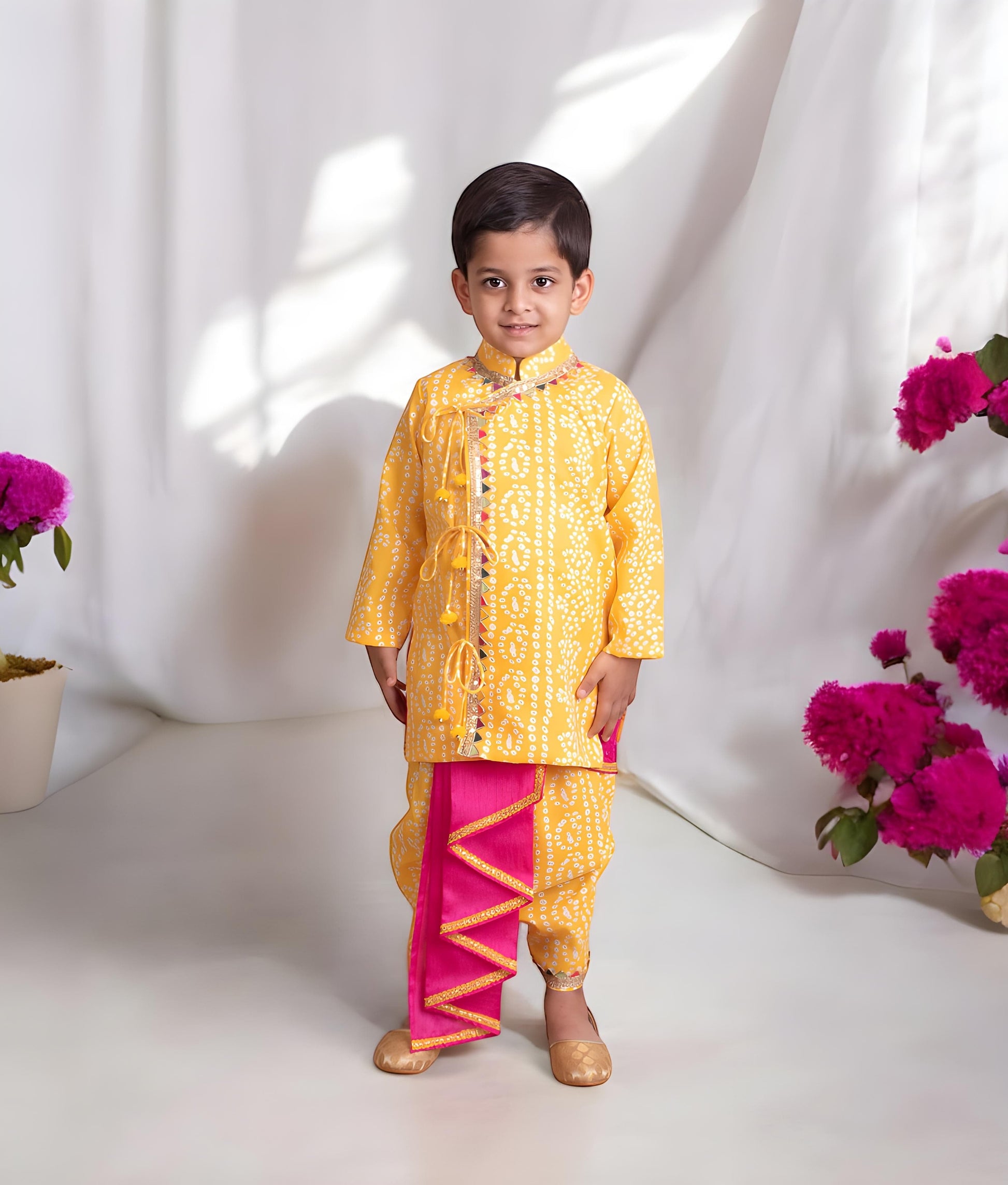 Manufactured by FAYON KIDS (Noida, U.P) Yellow Bandhej Kurta with Dhoti