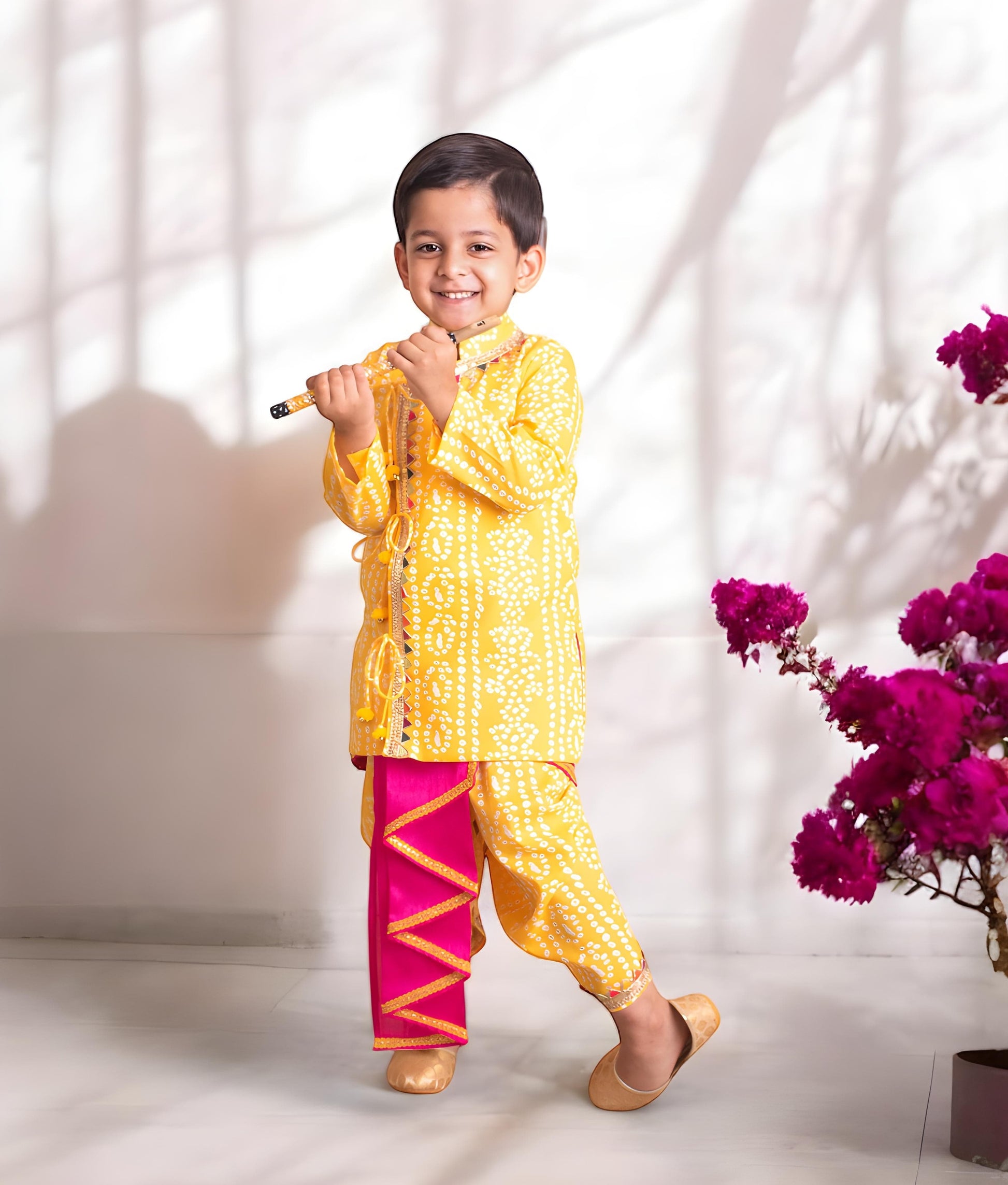 Manufactured by FAYON KIDS (Noida, U.P) Yellow Bandhej Kurta with Dhoti