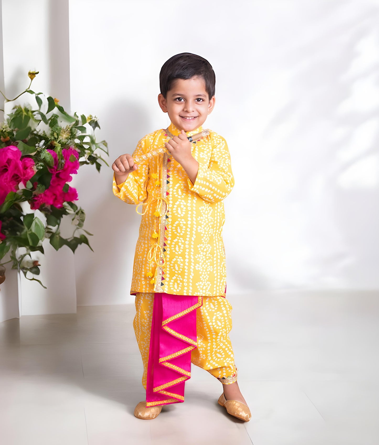 Manufactured by FAYON KIDS (Noida, U.P) Yellow Bandhej Kurta with Dhoti