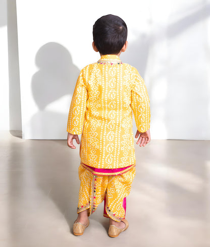 Manufactured by FAYON KIDS (Noida, U.P) Yellow Bandhej Kurta with Dhoti