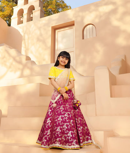 Manufactured by FAYON KIDS (Noida, U.P) Yellow Brocade Choli lehenga Set