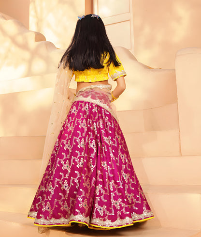 Manufactured by FAYON KIDS (Noida, U.P) Yellow Brocade Choli lehenga Set