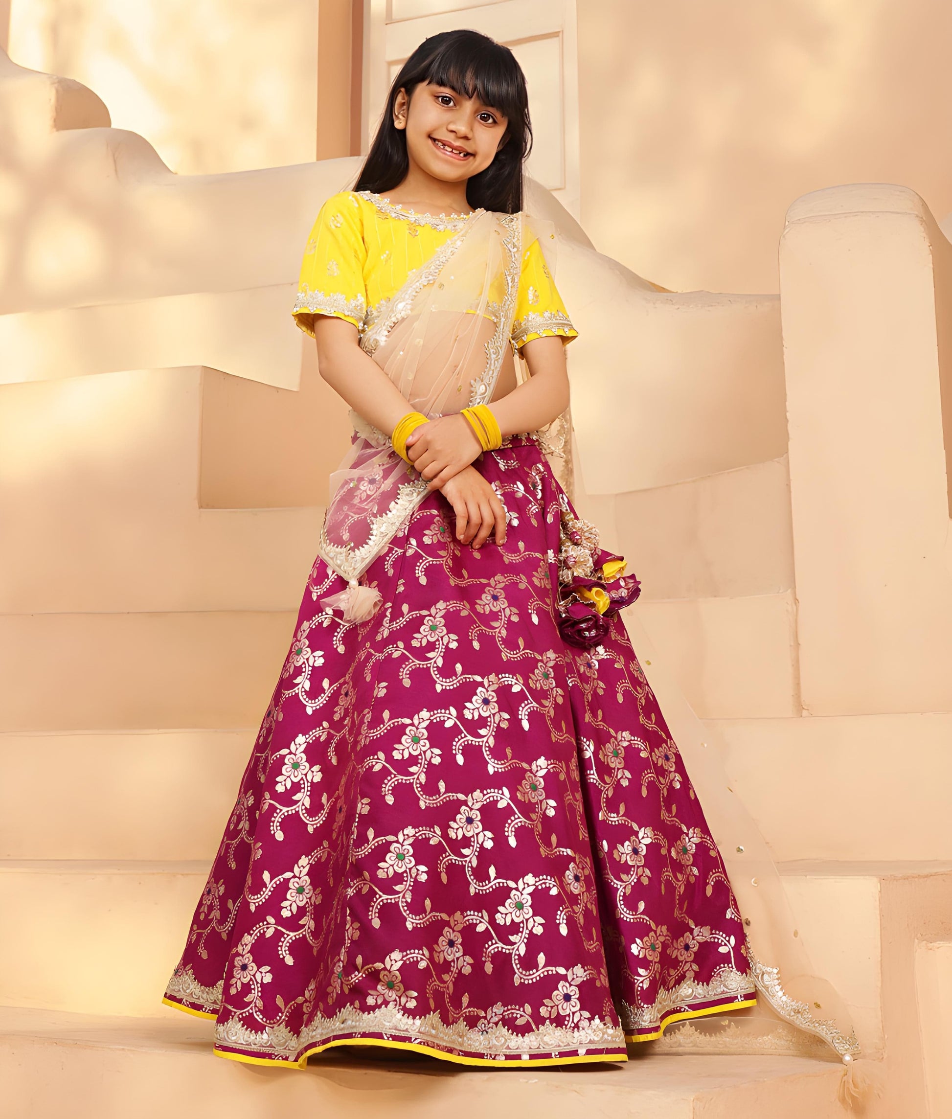 Manufactured by FAYON KIDS (Noida, U.P) Yellow Brocade Choli lehenga Set