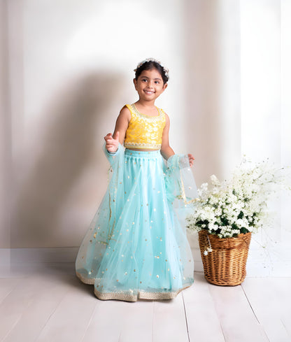 Manufactured by FAYON KIDS (Noida, U.P) Yellow Brocade Choli with Blue Lehenga