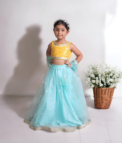 Manufactured by FAYON KIDS (Noida, U.P) Yellow Brocade Choli with Blue Lehenga