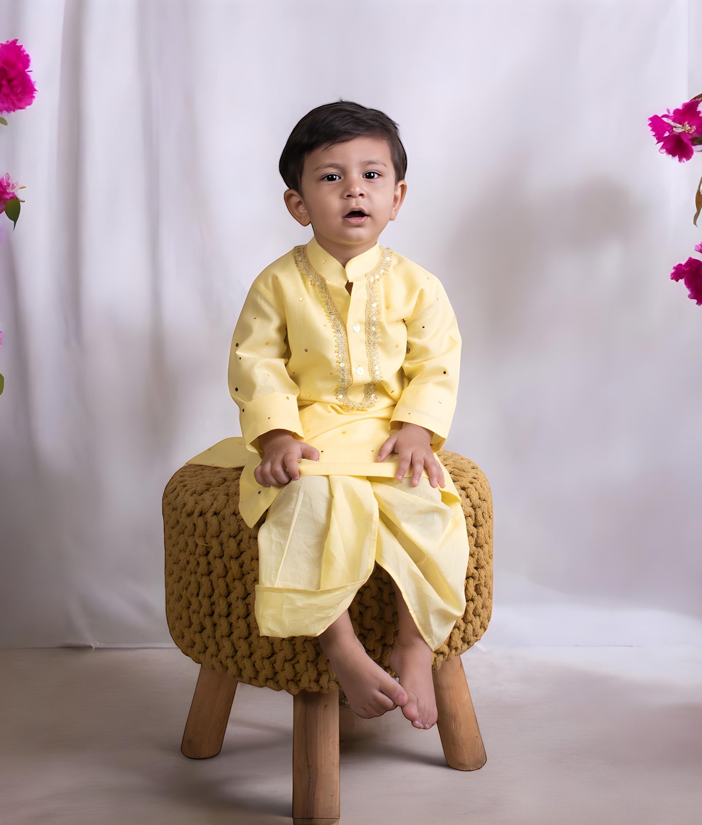 Manufactured by FAYON KIDS (Noida, U.P) Yellow Faux Mukaish Work Kurta Dhoti Set for Boys