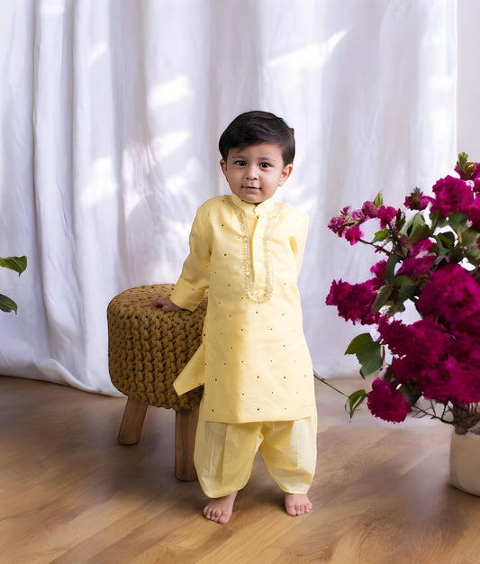 Manufactured by FAYON KIDS (Noida, U.P) Yellow Faux Mukaish Work Kurta Dhoti Set for Boys