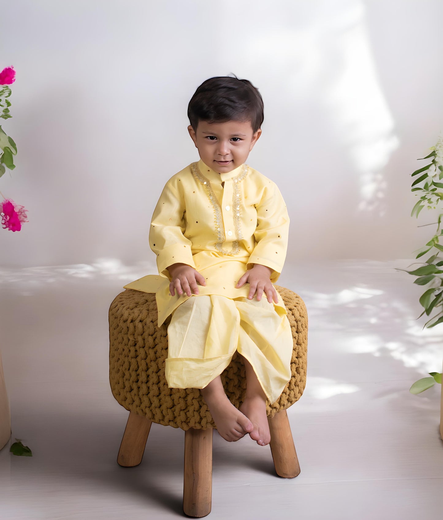 Manufactured by FAYON KIDS (Noida, U.P) Yellow Faux Mukaish Work Kurta Dhoti Set for Boys