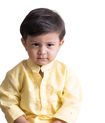 Manufactured by FAYON KIDS (Noida, U.P) Yellow Faux Mukaish Work Kurta Dhoti Set for Boys