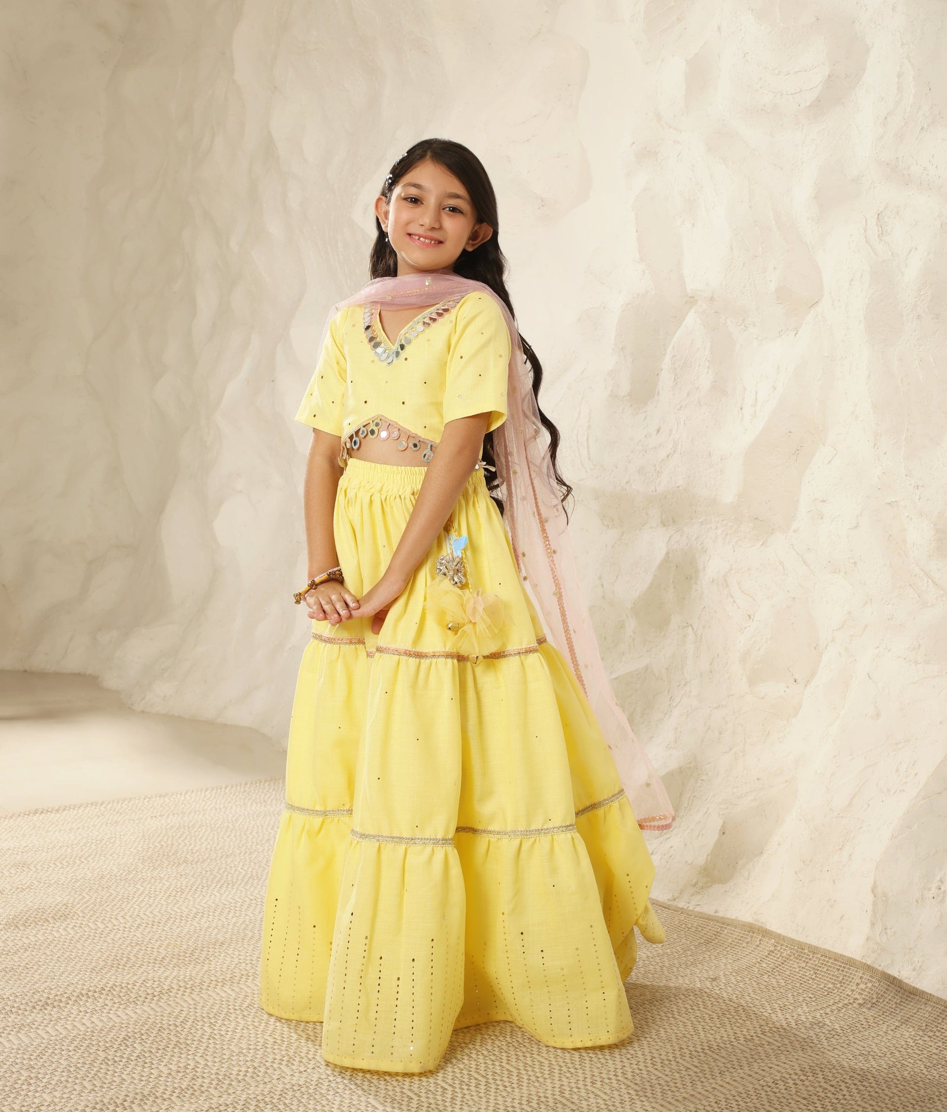 Manufactured by FAYON KIDS (Noida, U.P) Yellow Faux Mukaish work Top and Skirt