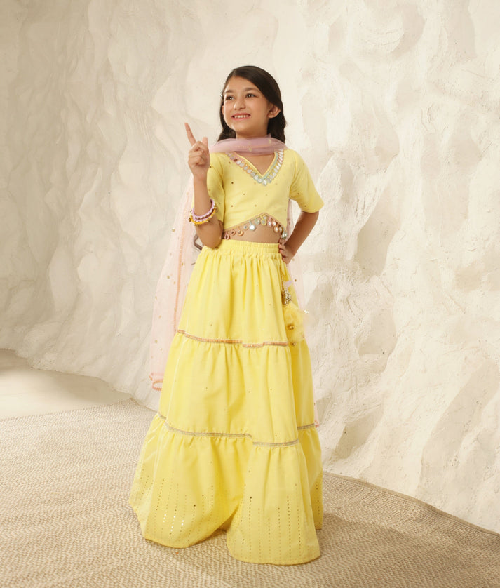 Manufactured by FAYON KIDS (Noida, U.P) Yellow Faux Mukaish work Top and Skirt