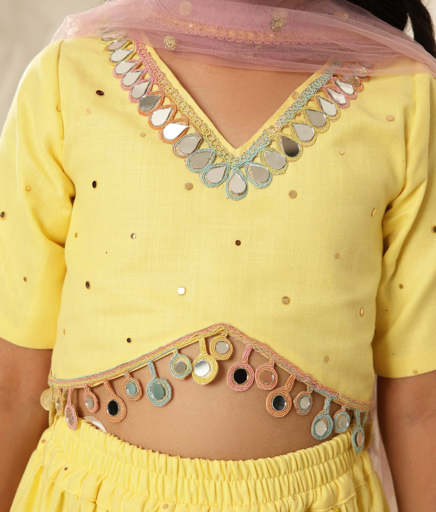 Manufactured by FAYON KIDS (Noida, U.P) Yellow Faux Mukaish work Top and Skirt