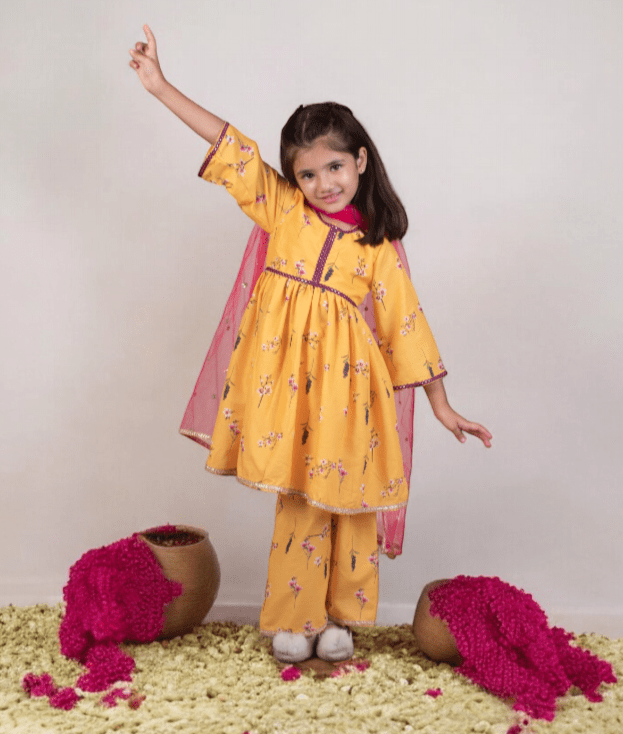 Manufactured by FAYON KIDS (Noida, U.P) Yellow Flower Printed Kurti Pant with Dupatta for Girls