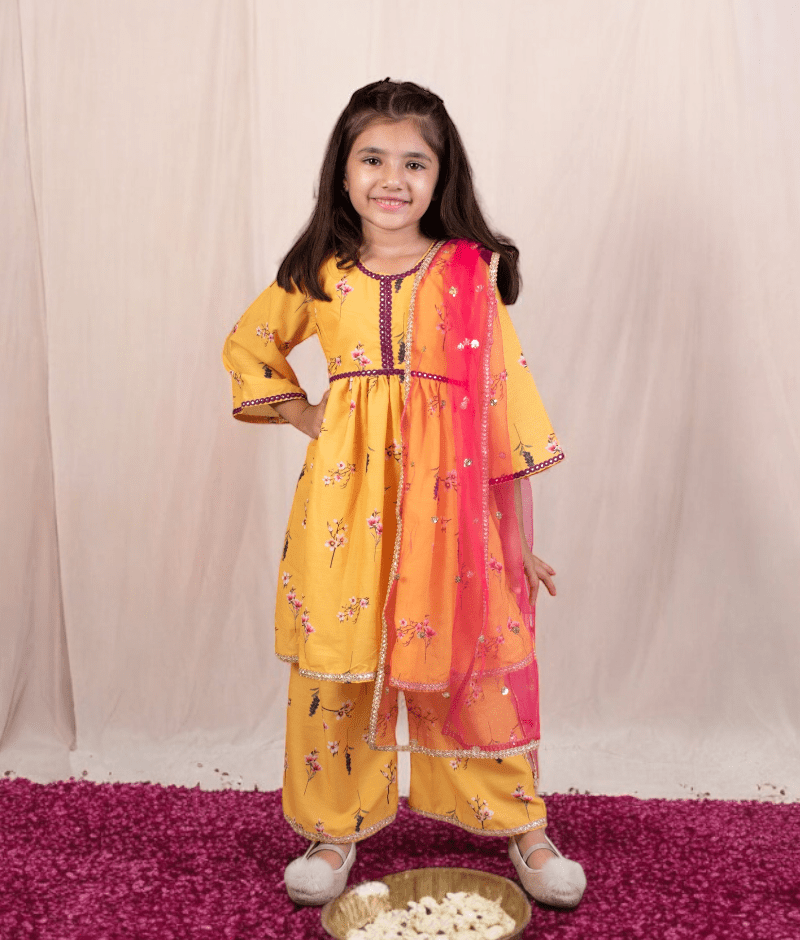 Manufactured by FAYON KIDS (Noida, U.P) Yellow Flower Printed Kurti Pant with Dupatta for Girls