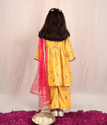 Manufactured by FAYON KIDS (Noida, U.P) Yellow Flower Printed Kurti Pant with Dupatta for Girls