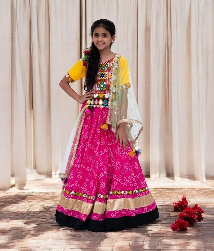 Manufactured by FAYON KIDS (Noida, U.P) Yellow Garba Mirror Kutchi Patchwork Choli with Lehenga – Navratri Special