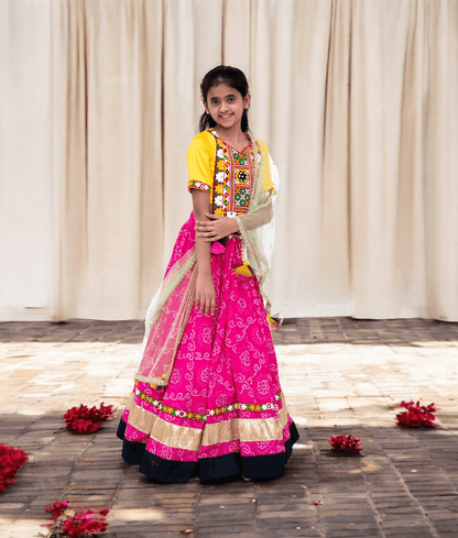 Manufactured by FAYON KIDS (Noida, U.P) Yellow Garba Mirror Kutchi Patchwork Choli with Lehenga – Navratri Special