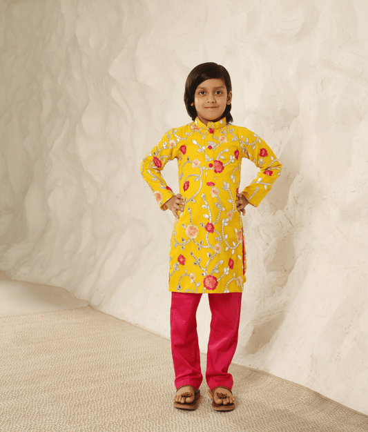 Manufactured by FAYON KIDS (Noida, U.P) Yellow Gota Embroidered Kurta with Pant for Boys