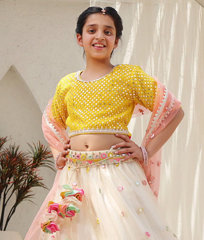 Manufactured by FAYON KIDS (Noida, U.P) Yellow Mirror Embroidered Choli with Lehenga