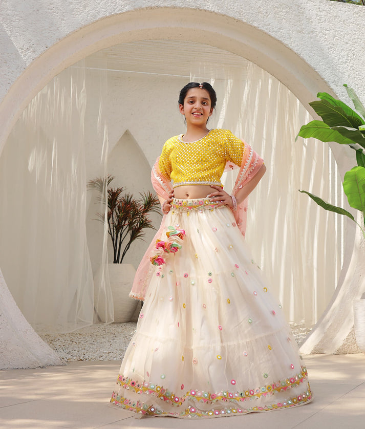 Manufactured by FAYON KIDS (Noida, U.P) Yellow Mirror Embroidered Choli with Lehenga