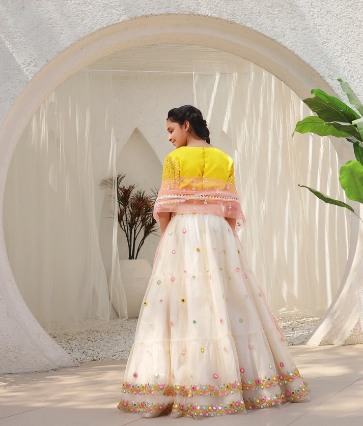 Manufactured by FAYON KIDS (Noida, U.P) Yellow Mirror Embroidered Choli with Lehenga