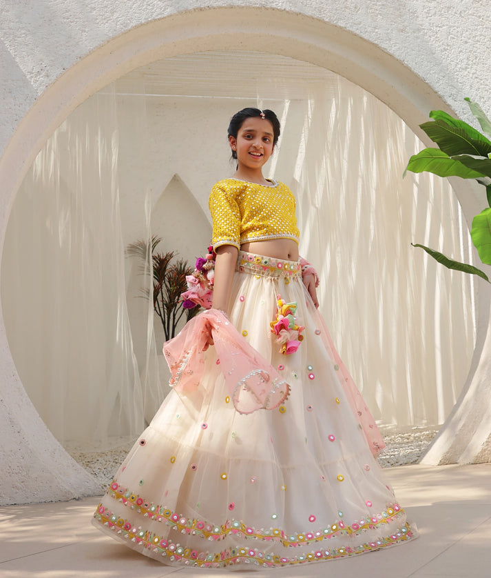 Manufactured by FAYON KIDS (Noida, U.P) Yellow Mirror Embroidered Choli with Lehenga