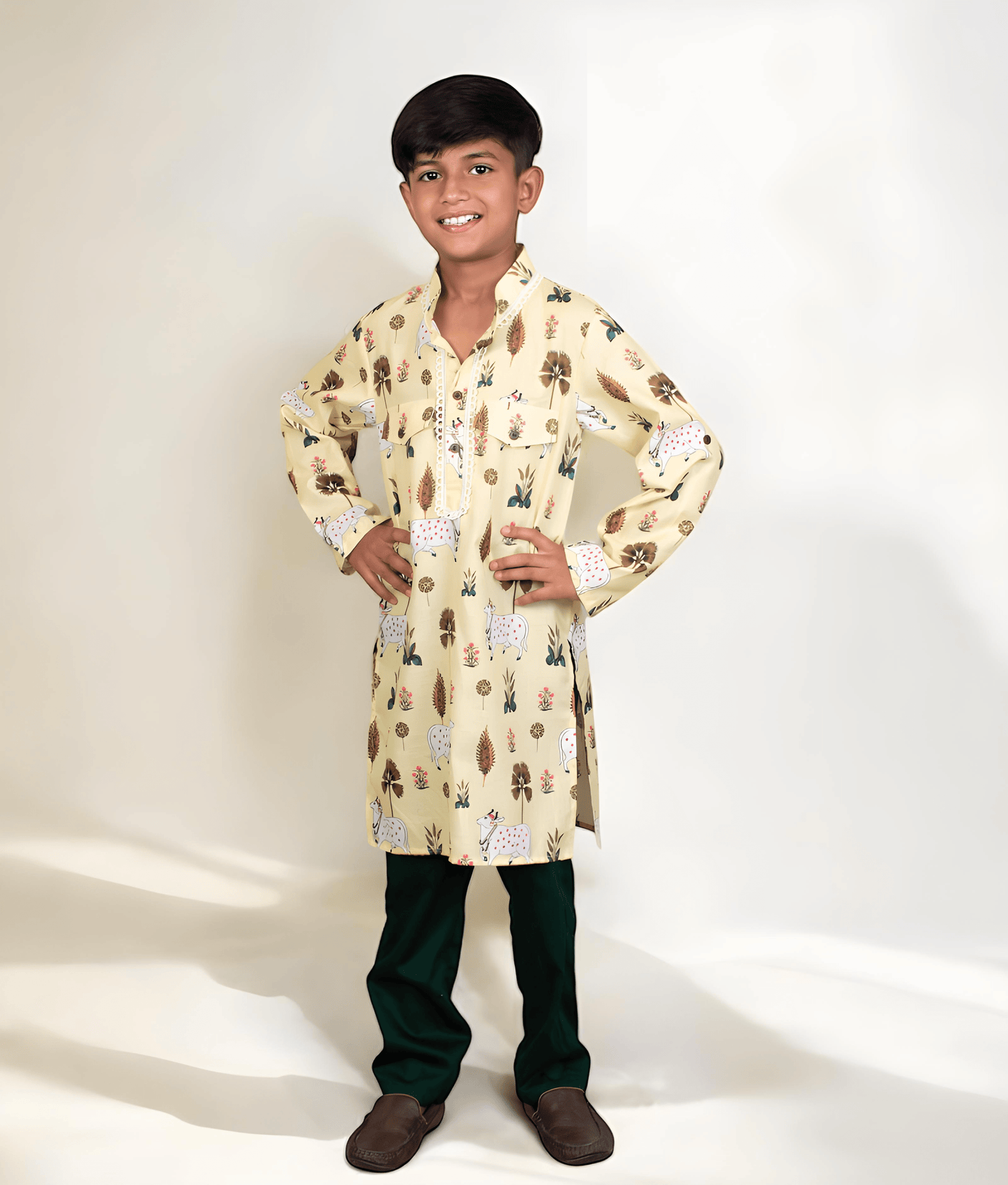 Manufactured by FAYON KIDS (Noida, U.P) Yellow Nandi Printed Kurta Pant Set for Boys