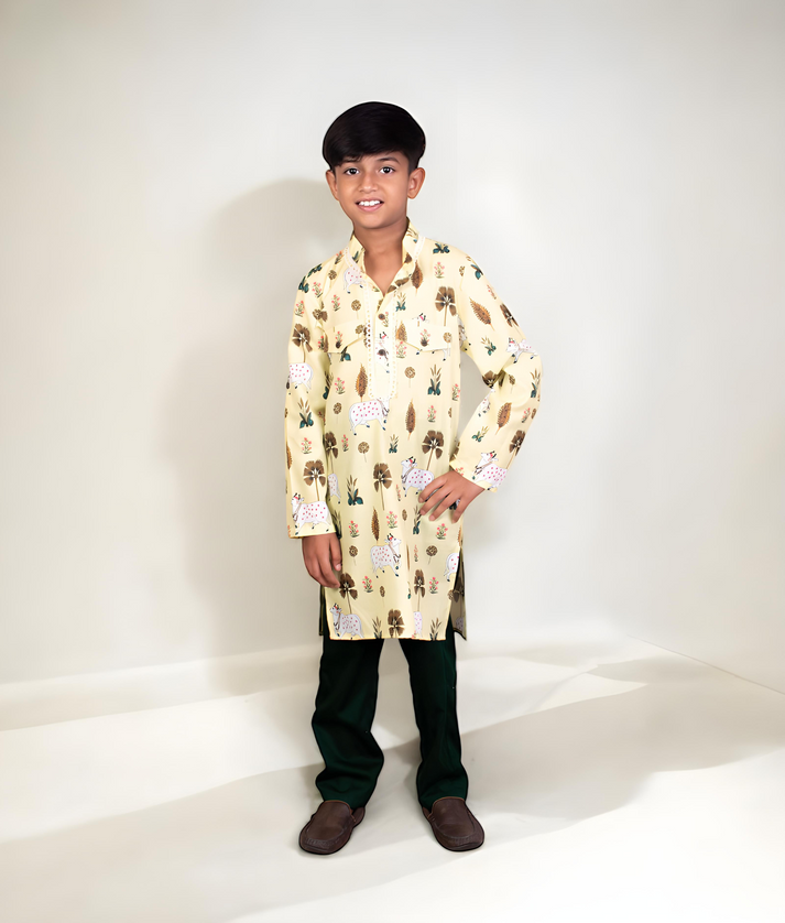 Manufactured by FAYON KIDS (Noida, U.P) Yellow Nandi Printed Kurta Pant Set for Boys