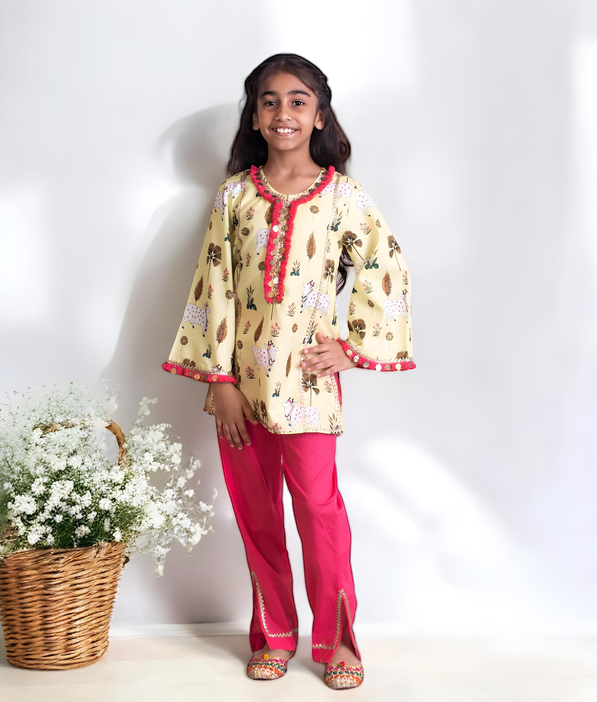 Manufactured by FAYON KIDS (Noida, U.P) Yellow Nandi Printed Kurti Pant Set