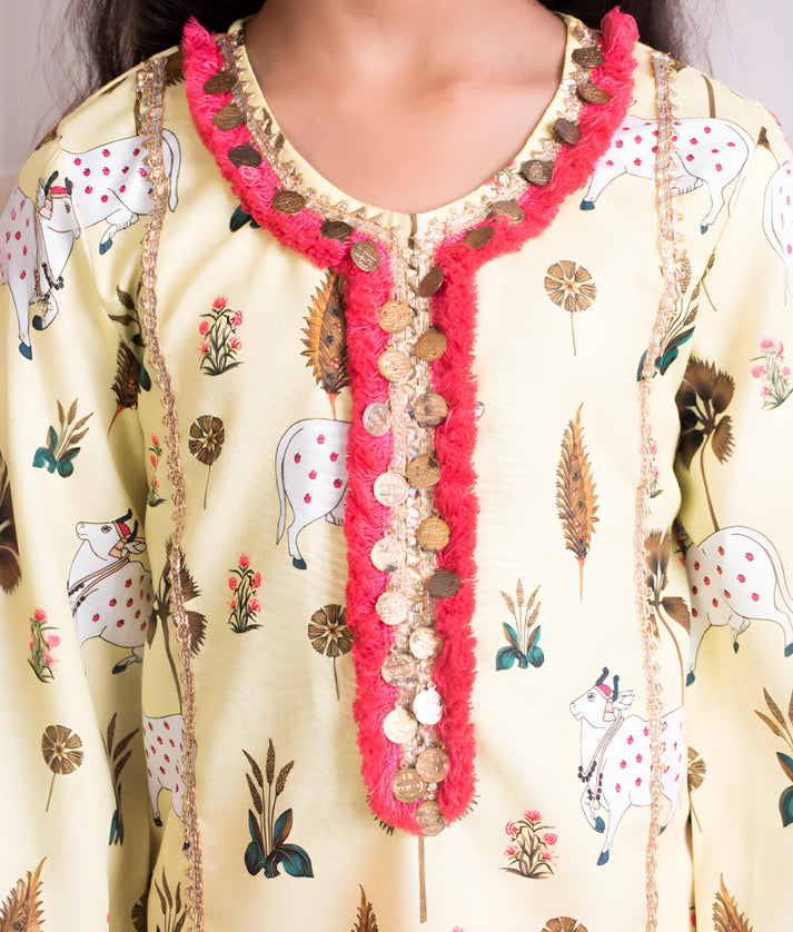 Manufactured by FAYON KIDS (Noida, U.P) Yellow Nandi Printed Kurti Pant Set