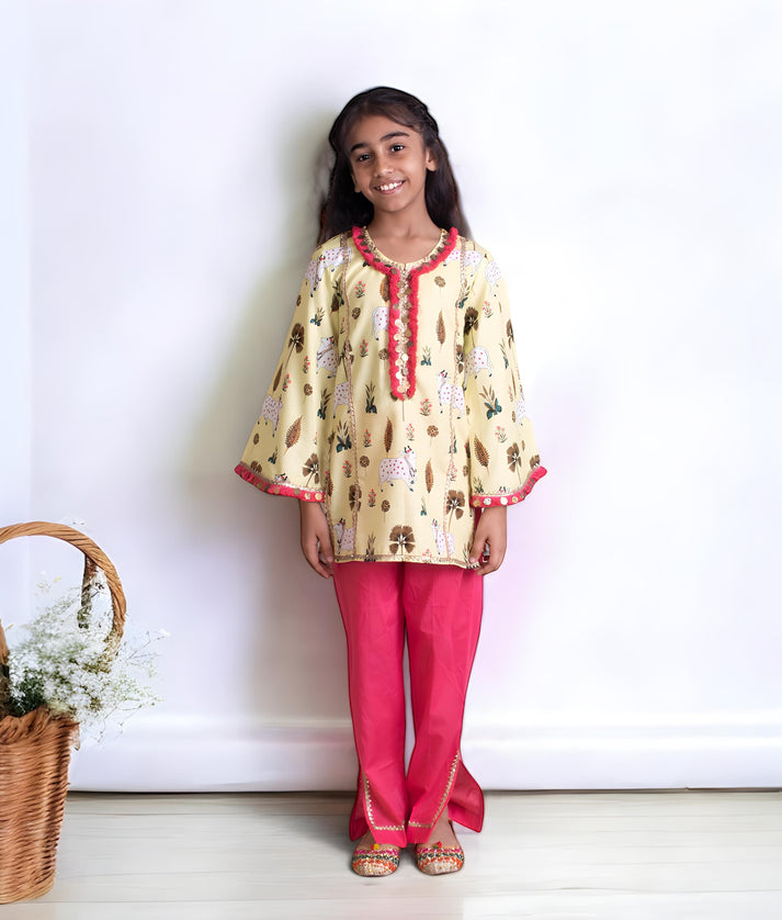 Manufactured by FAYON KIDS (Noida, U.P) Yellow Nandi Printed Kurti Pant Set