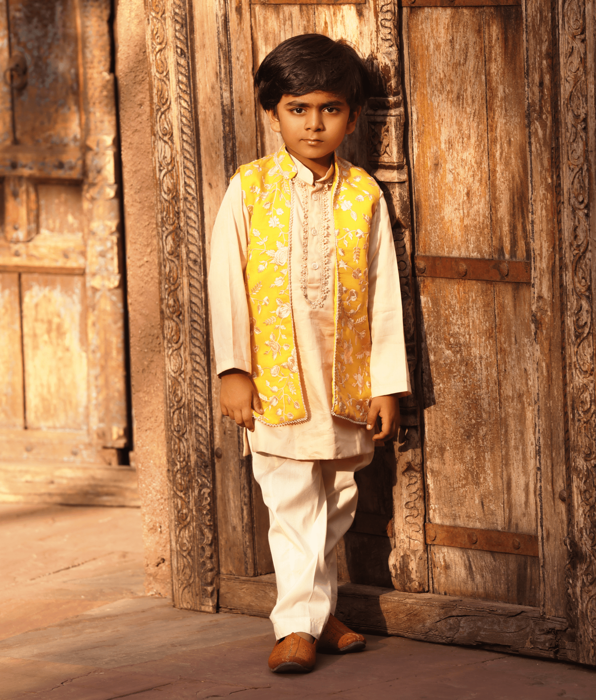 Manufactured by FAYON KIDS (Noida, U.P) Yellow Parsi Work Kurta Set