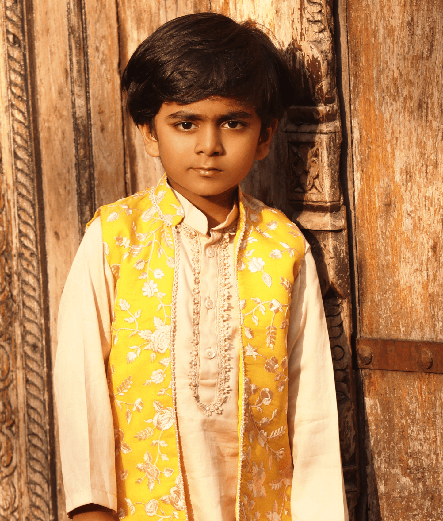 Manufactured by FAYON KIDS (Noida, U.P) Yellow Parsi Work Kurta Set