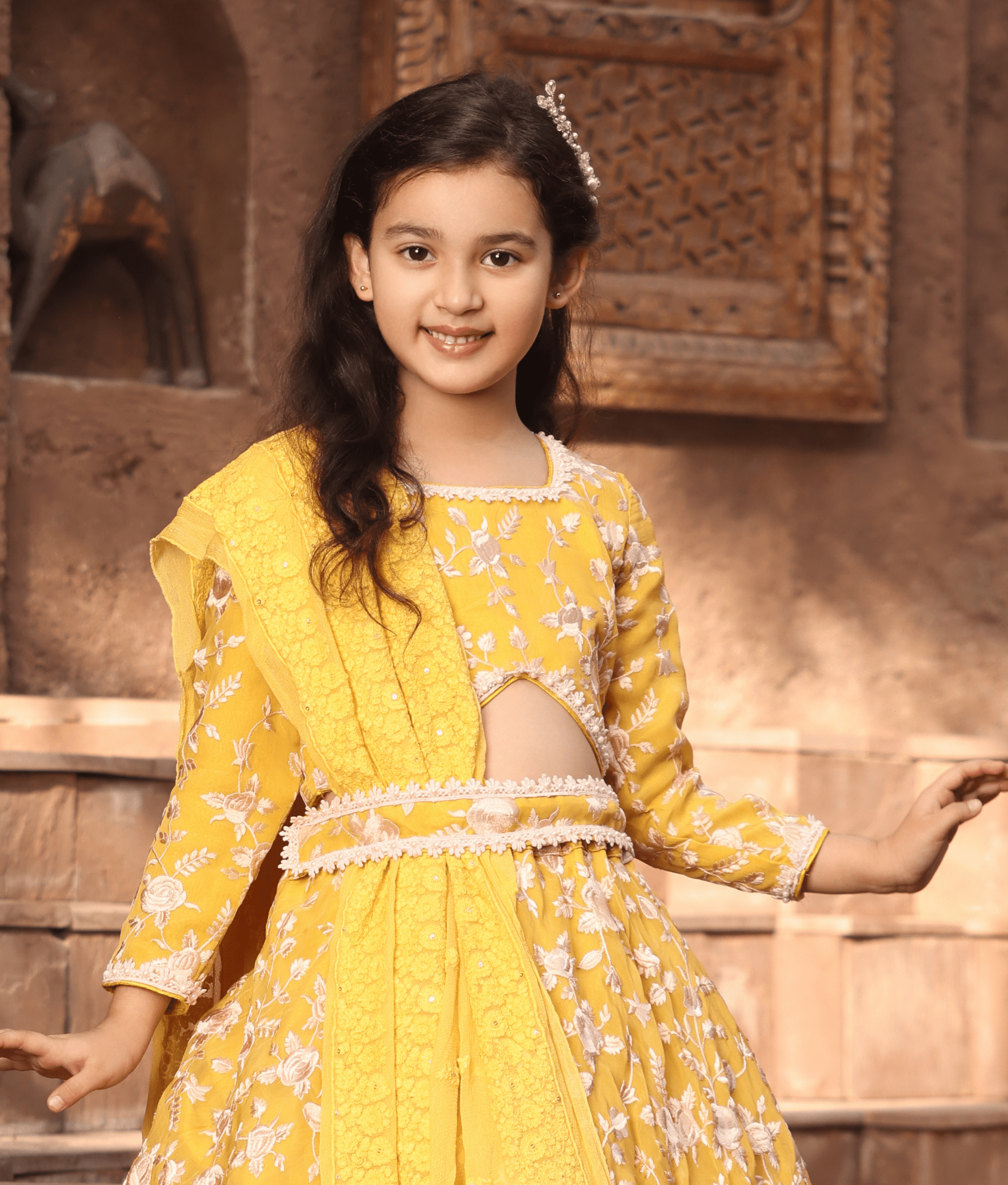 Manufactured by FAYON KIDS (Noida, U.P) Yellow Parsi work Lehenga Choli for Girls