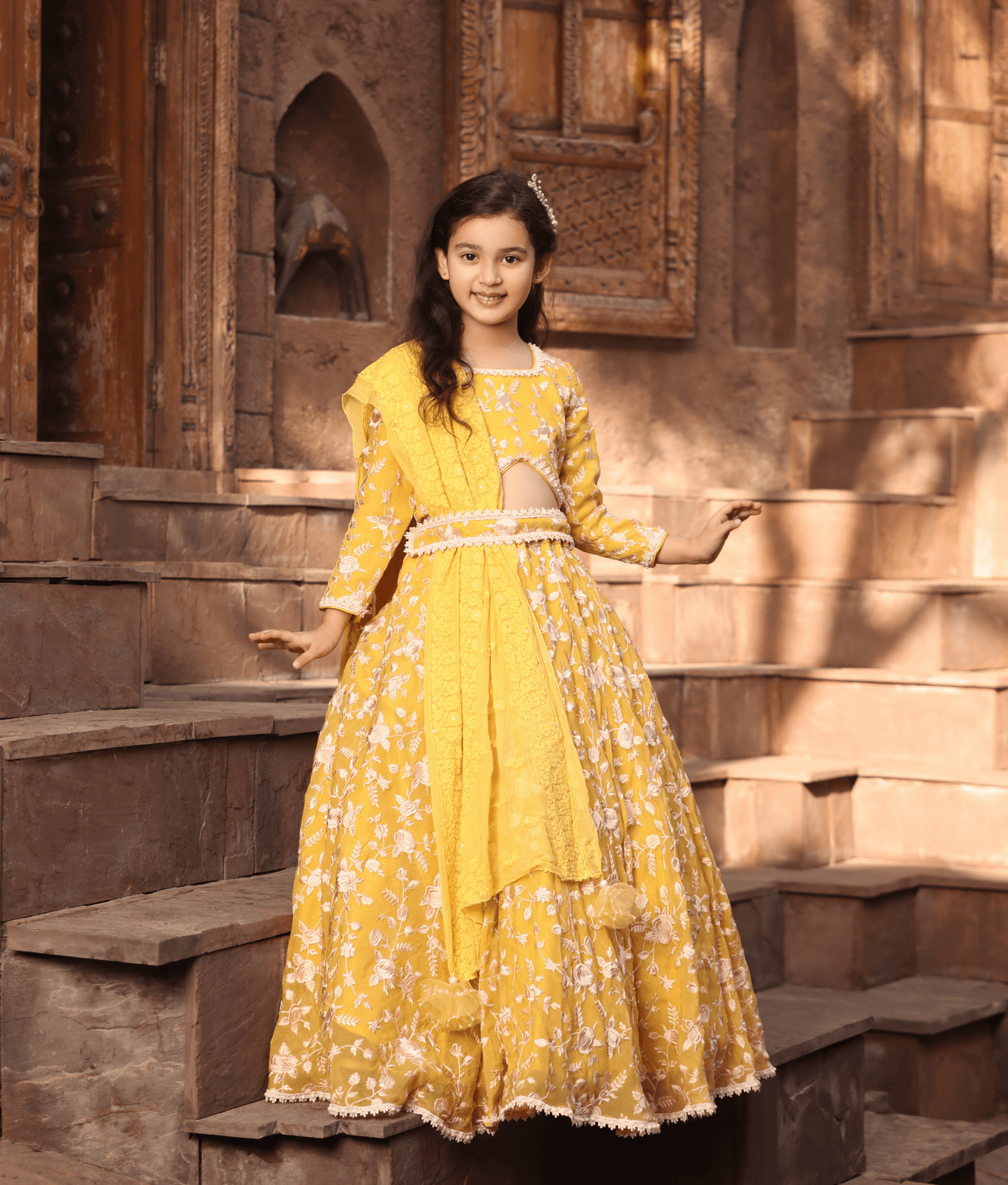 Manufactured by FAYON KIDS (Noida, U.P) Yellow Parsi work Lehenga Choli for Girls